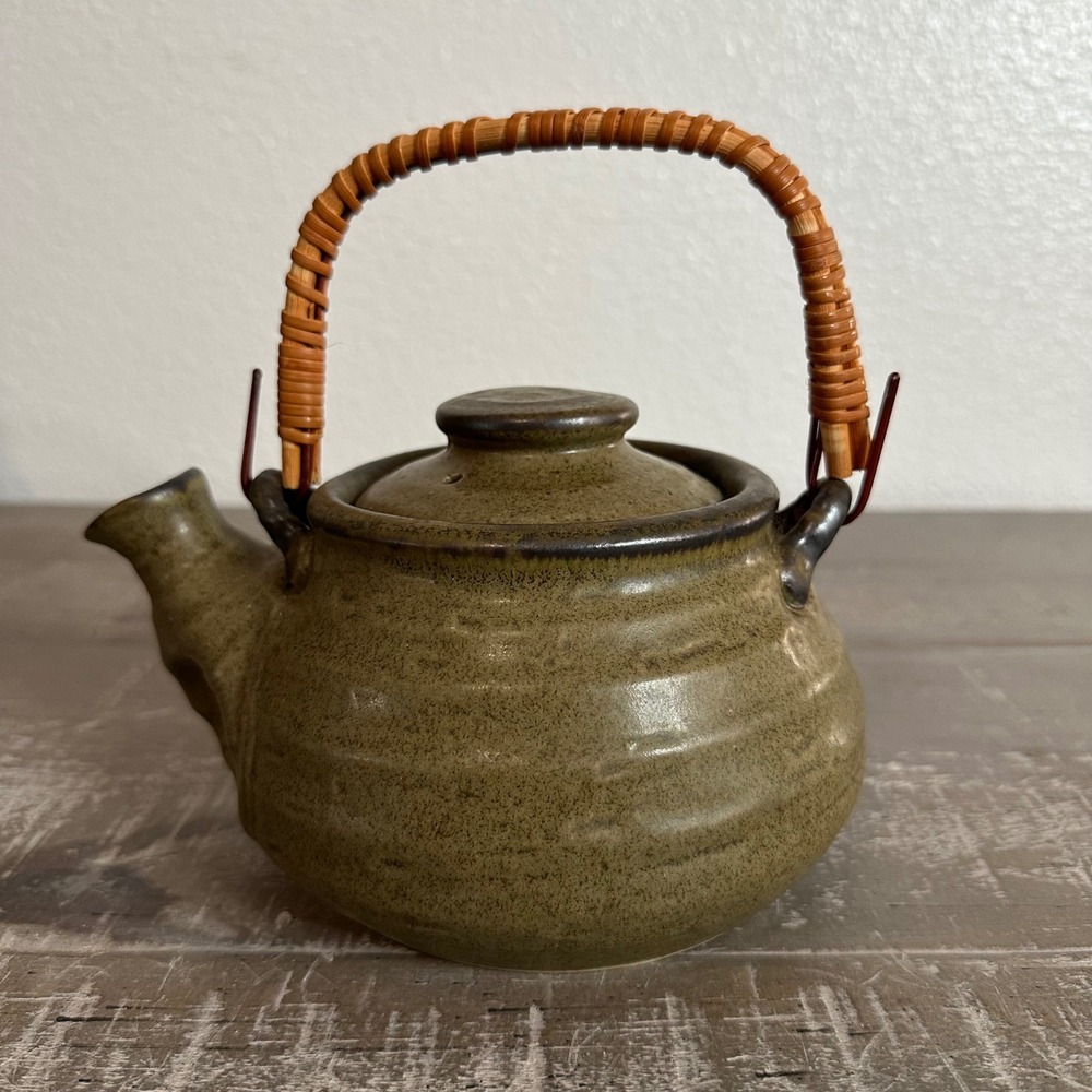 Vintage Japanese Stoneware Teapot Olive Green Bamboo Handle Rustic
